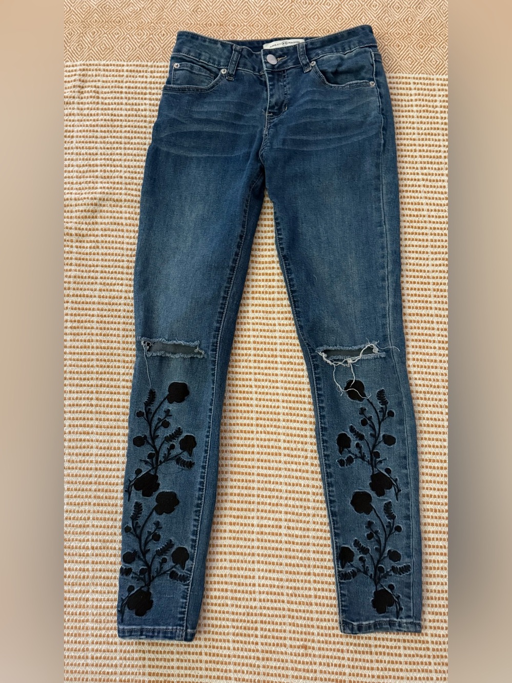 Ashley Mason Indigo Skinny Jeans with Black Floral Embroidery